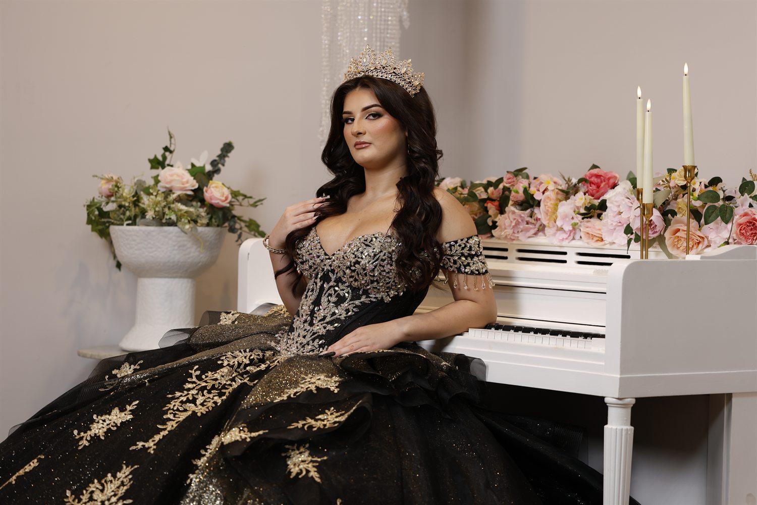 Isabella at the white piano, gown across the floor